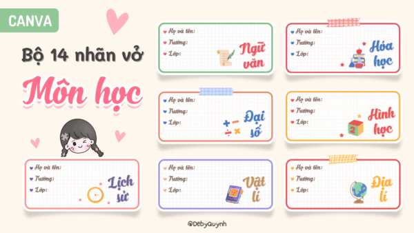 Bộ 14 nhãn vở môn học Canva + Quà tặng kèm