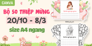 Bộ 50 mẫu thiệp Canva tô màu & có màu 20/10, 8/3 khổ A4 ngang (thiệp size A4)