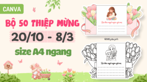Bộ 50 mẫu thiệp Canva tô màu & có màu 20/10, 8/3 khổ A4 ngang (thiệp size A4)