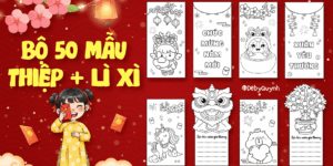 Bộ 50 mẫu gồm thiệp & bao lì xì tô màu trên Canva, size A4