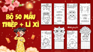 Bộ 50 mẫu gồm thiệp & bao lì xì tô màu trên Canva, size A4
